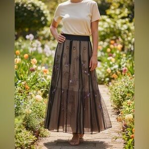 J. Peterman Embroidered Tulle Midi Skirt – Romantic Garden Elegance